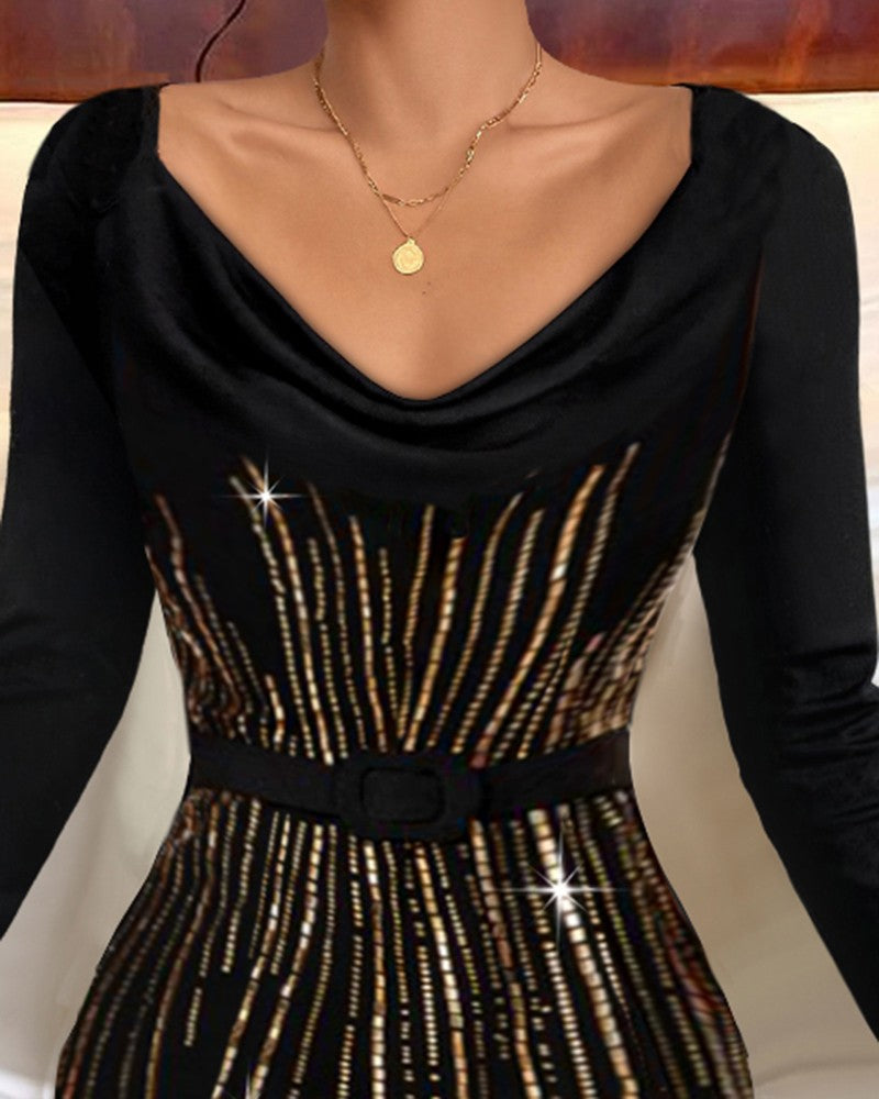 Rhinestone Decor Cowl Neck Bodycon Dress