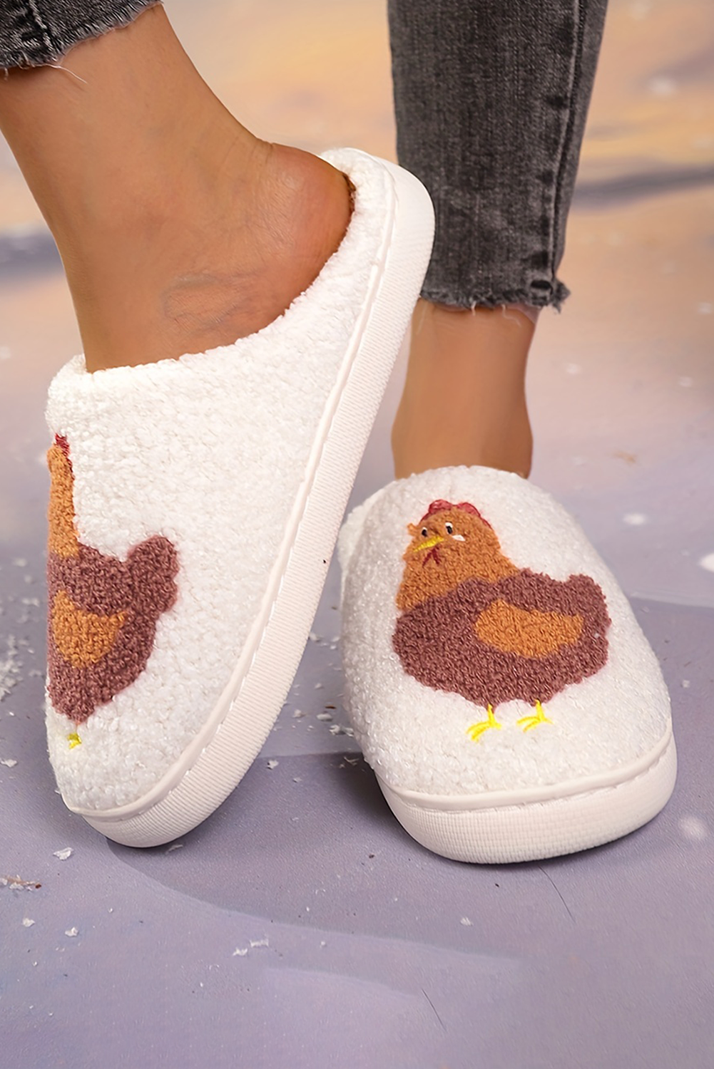 White Chicken Pattern Non-Slip Plush Warm Slippers