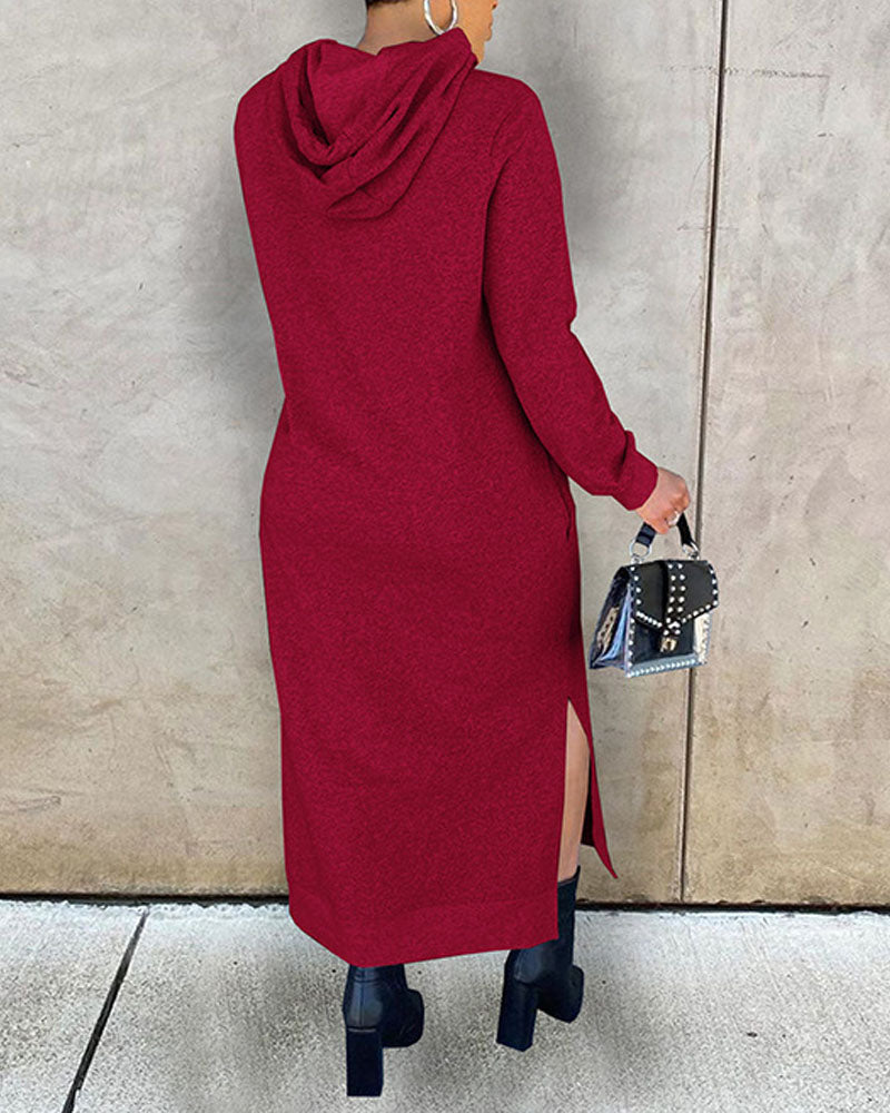 Long Sleeve Split Hem Hooded Sweatshirt Dress