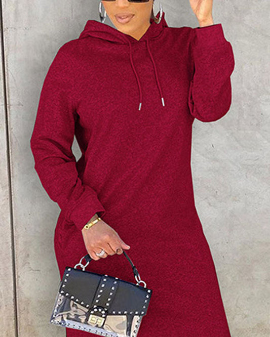 Long Sleeve Split Hem Hooded Sweatshirt Dress