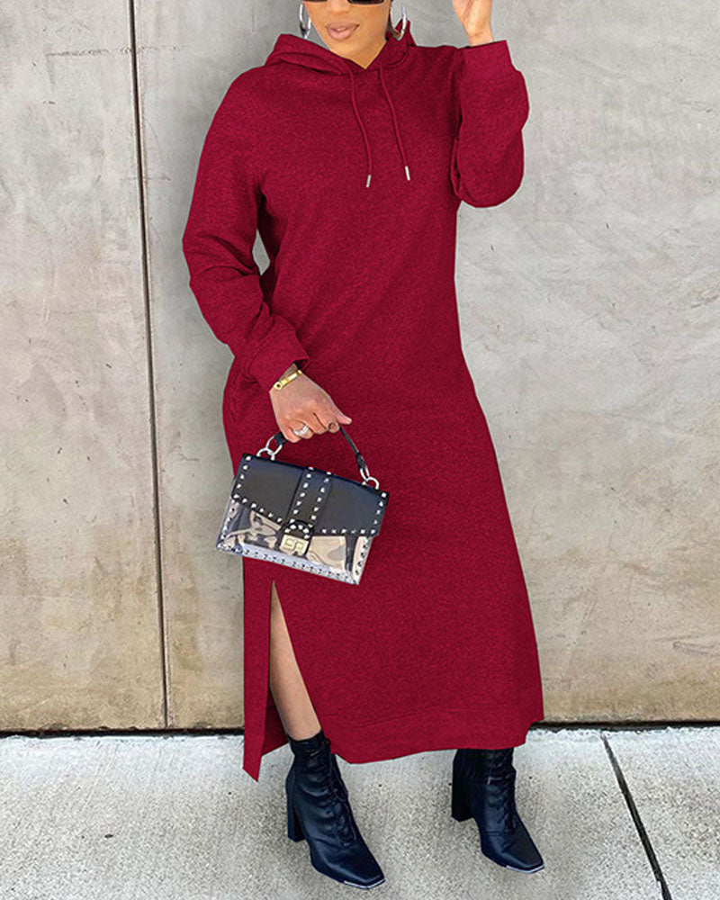 Long Sleeve Split Hem Hooded Sweatshirt Dress