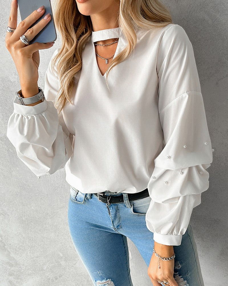 Keyhole Neck Beaded Ruched Top