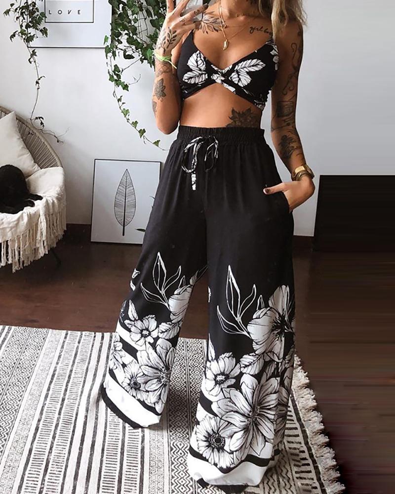 Twisted Front Floral Print Crop Top & Wide Leg Pants Set