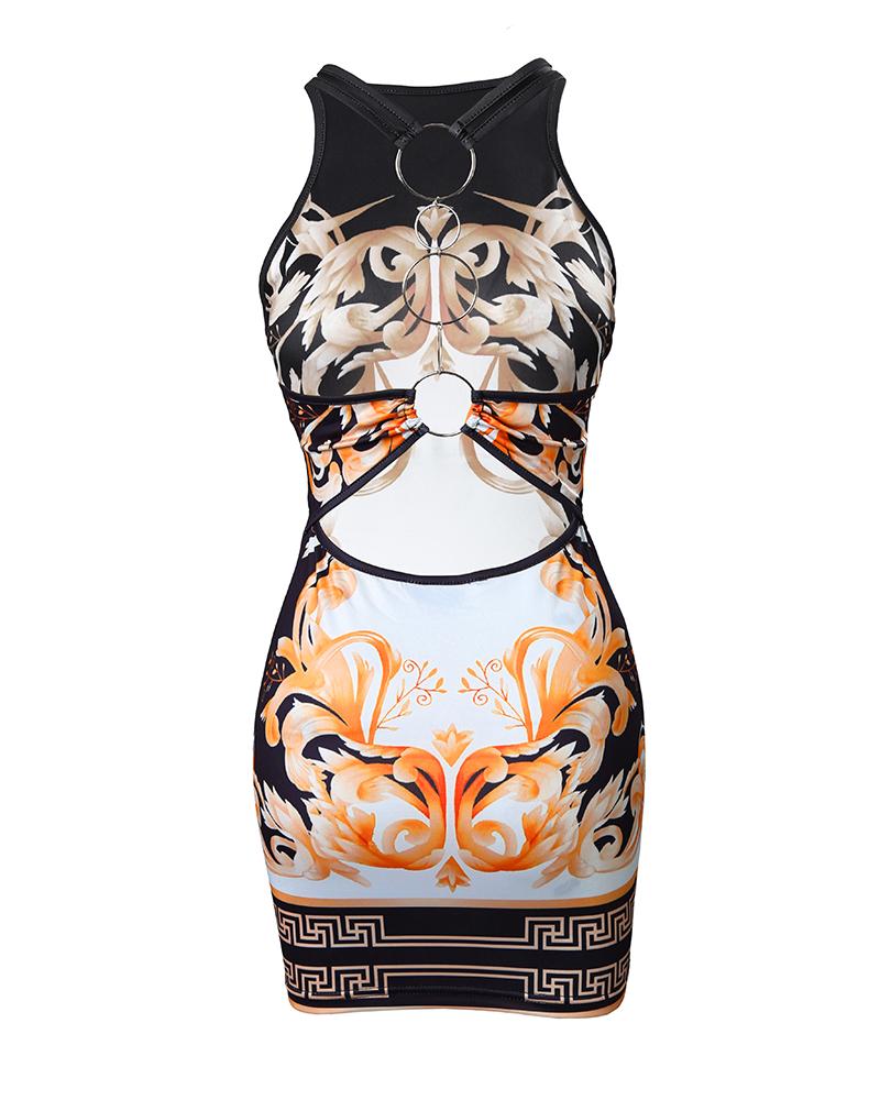 Baroque Print Halter Backless Bodycon Dress