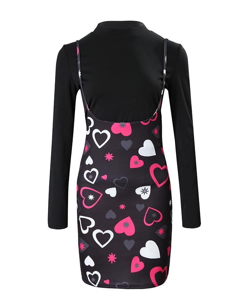 Valentine's Day Long Sleeve Top & Heart Print Suspender Skirt Set