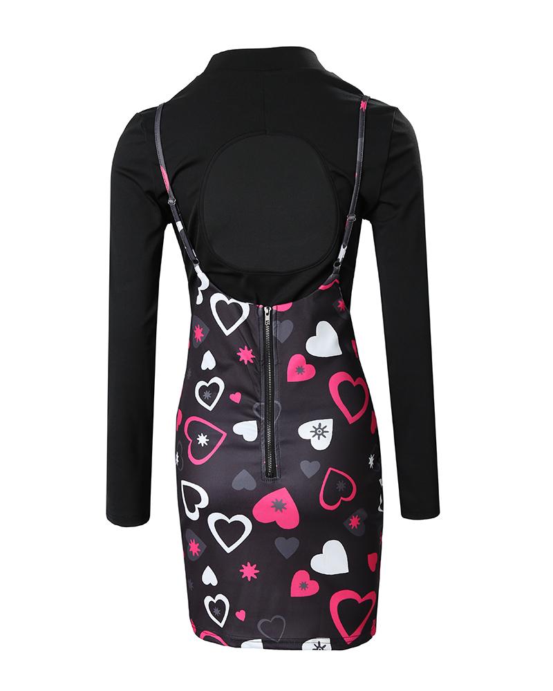 Valentine's Day Long Sleeve Top & Heart Print Suspender Skirt Set