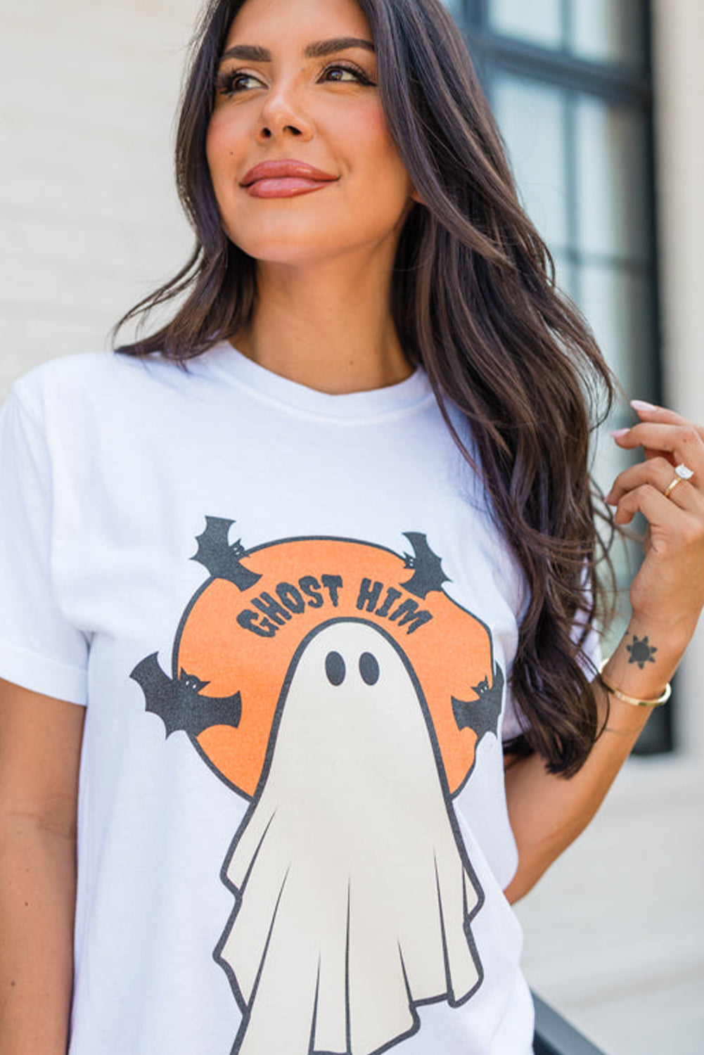 White GHOST HIM Bat Graphic Crewneck Halloween T Shirt