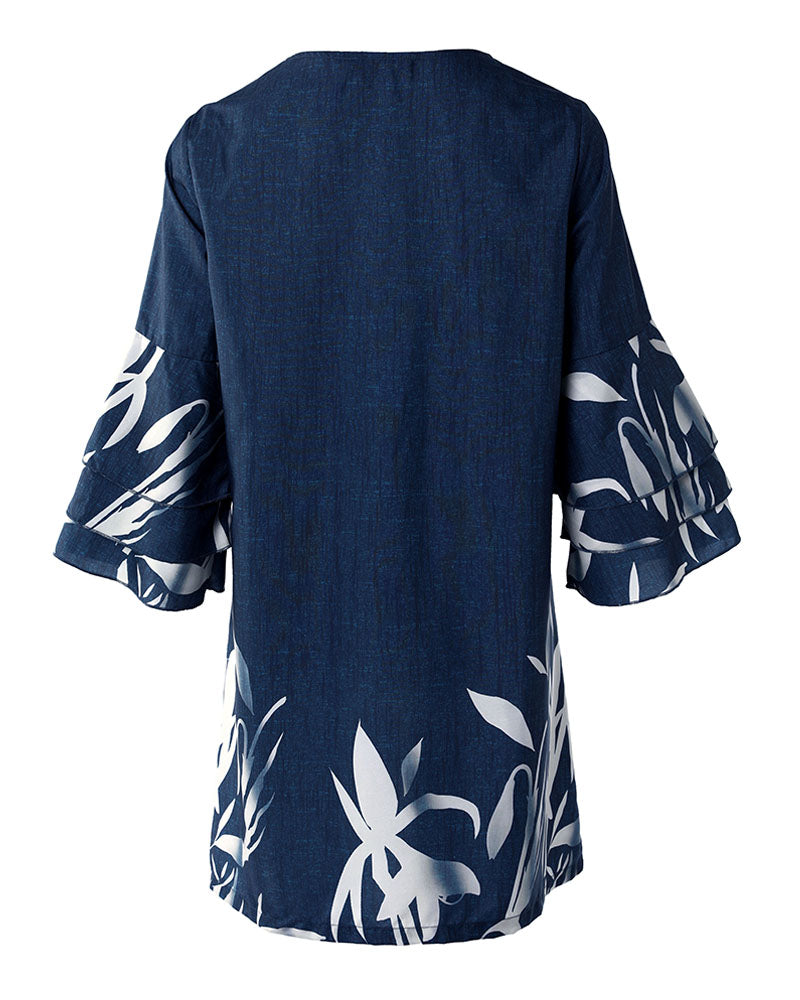 Allover Print V Neck Bell Sleeve Dress