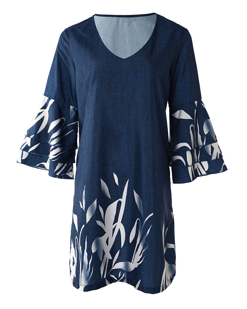 Allover Print V Neck Bell Sleeve Dress