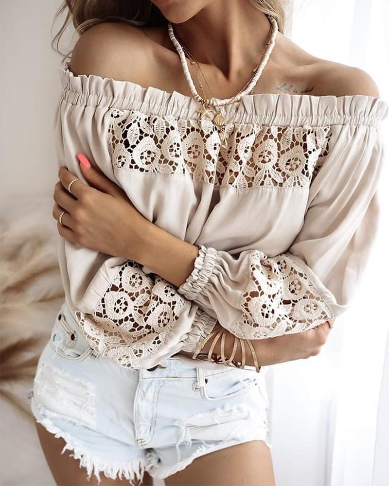 Off Shoulder Frill Hem Lace Patch Lantern Sleeve Top