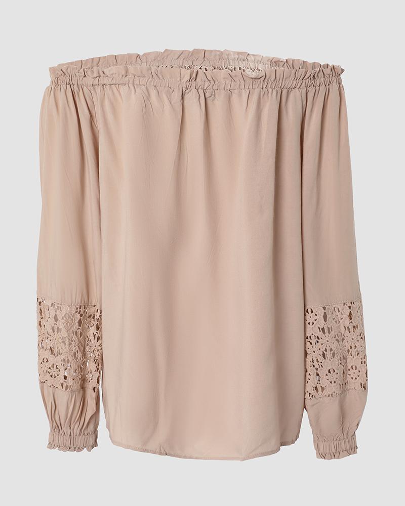 Off Shoulder Frill Hem Lace Patch Lantern Sleeve Top