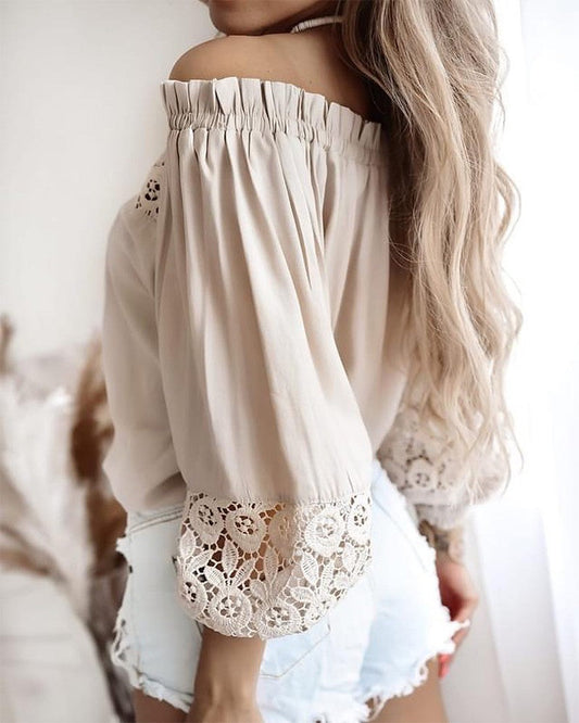 Off Shoulder Frill Hem Lace Patch Lantern Sleeve Top