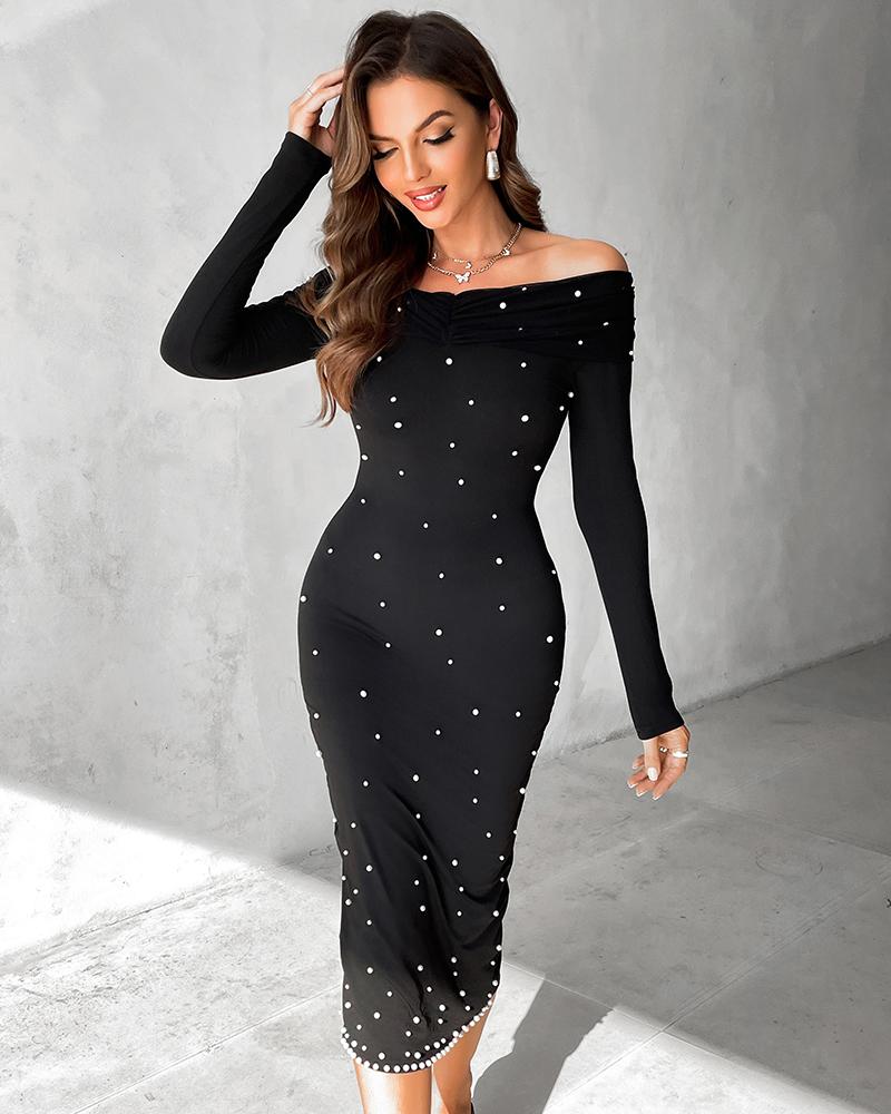 Off Shoulder Long Sleeve Beaded Midi Dress