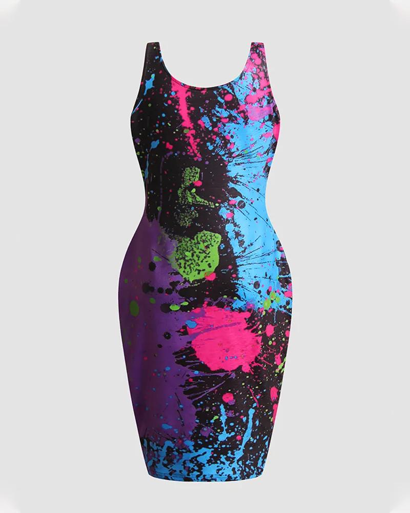 Ink Splash Print Sleeveless Bodycon Dress