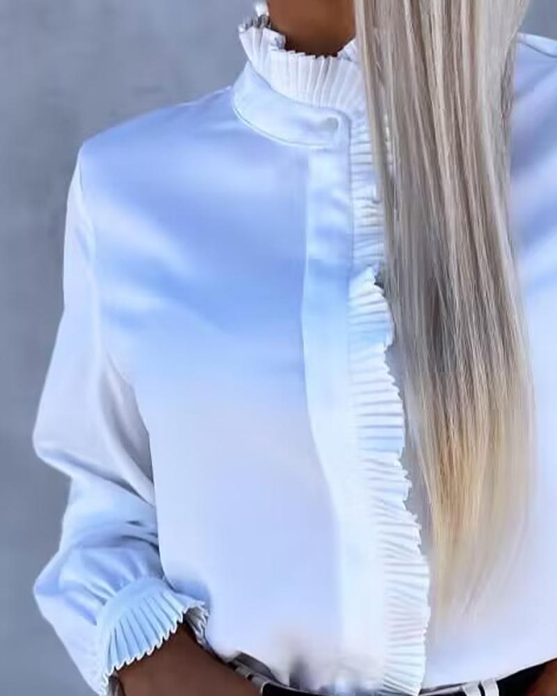 Pleated Stand Collar Buttoned Bell Sleeve Satin Top