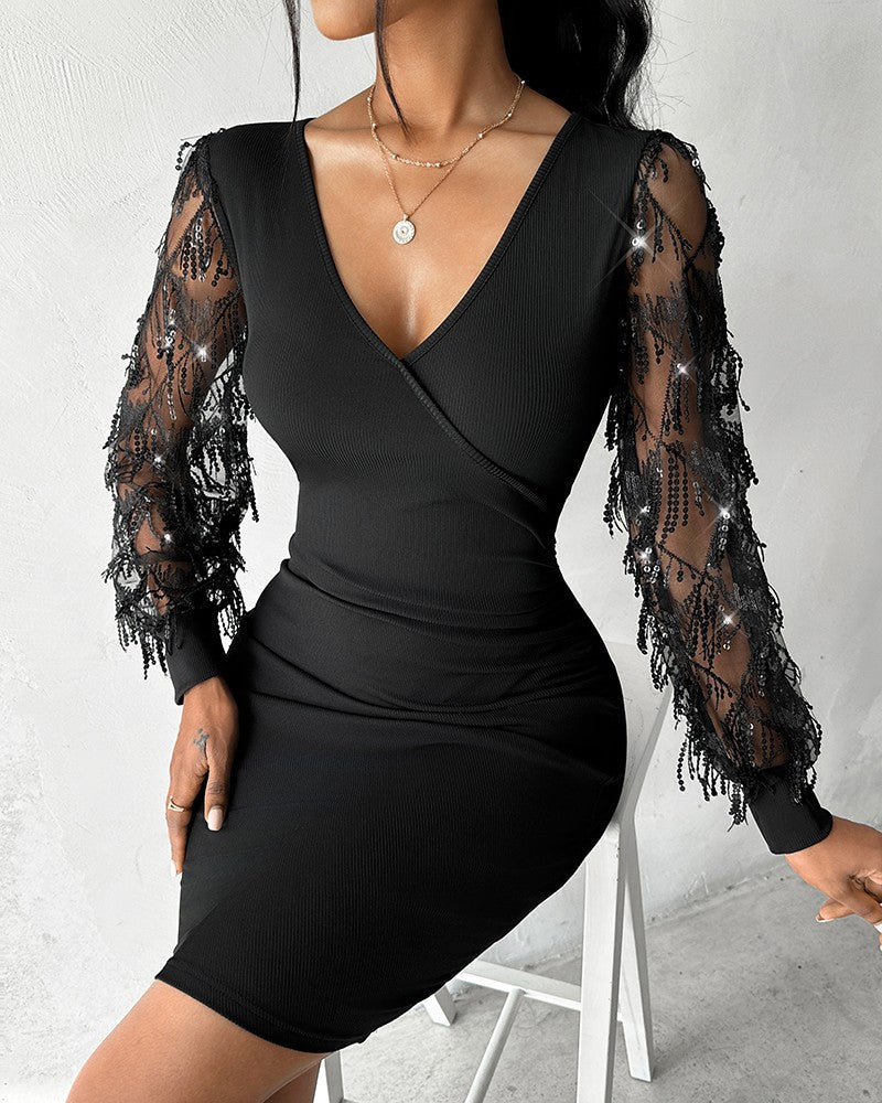 Sheer Mesh Sequin Tassel Ribbed Bodycon Dress