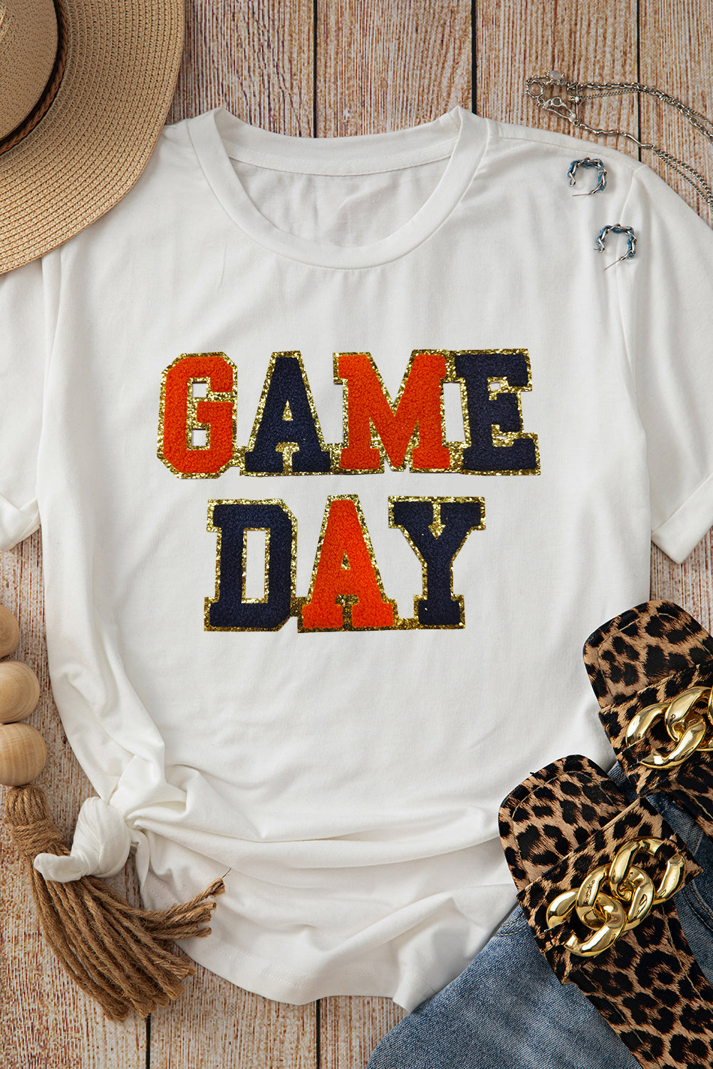 White Glitter GAME DAY Rugby Football Season Round Neck T Shirt