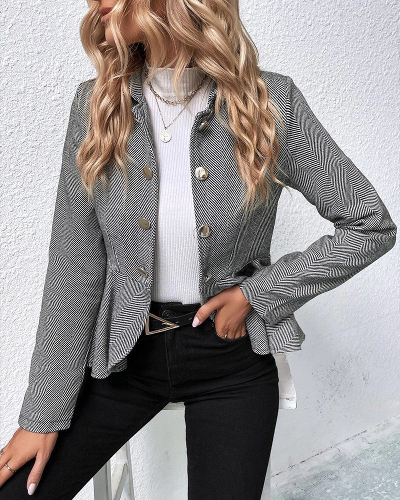 Striped Button Front Ruffle Hem Slim Fit Blazer Coat