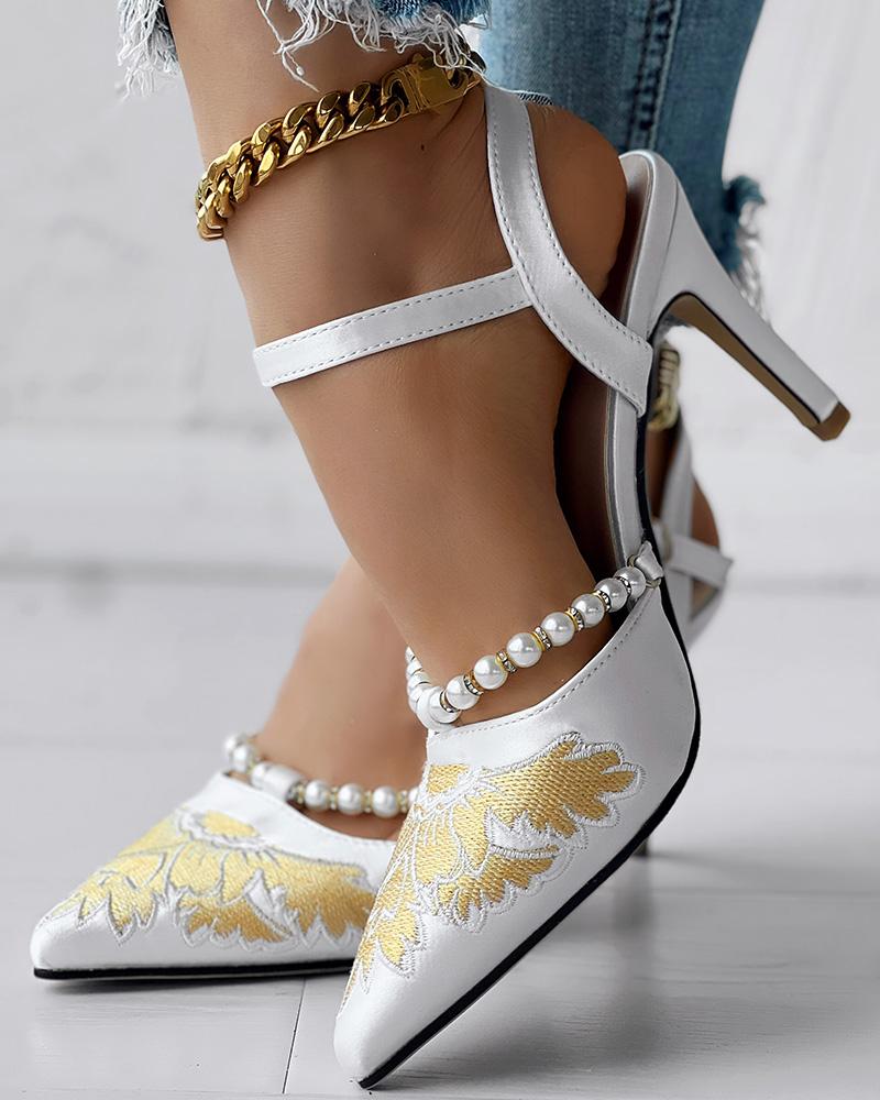 Floral Embroidery Pearl Decor Stiletto Heeled Pumps