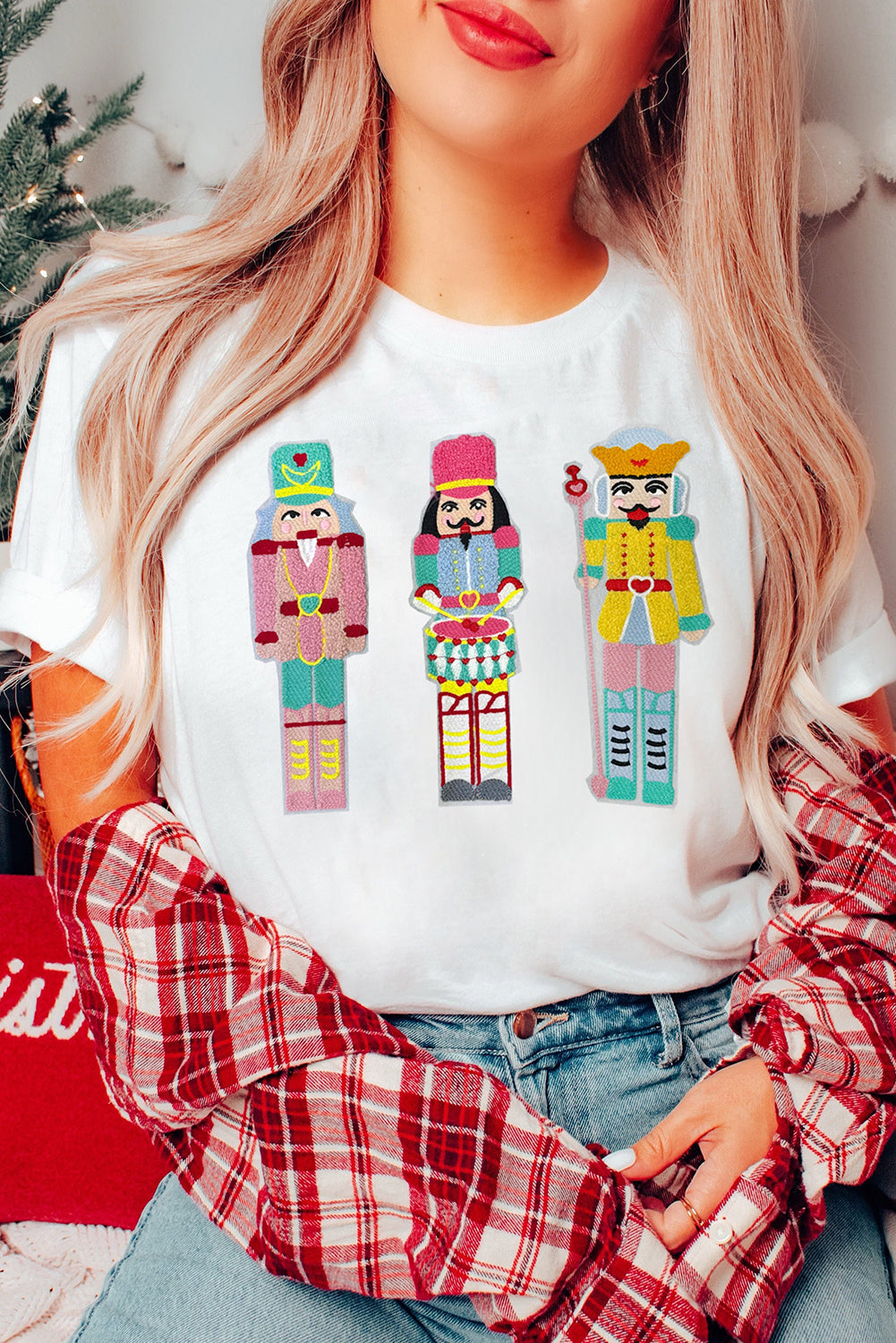 White Chenille Nutcracker Doll Graphic Christmas Fashion Tee