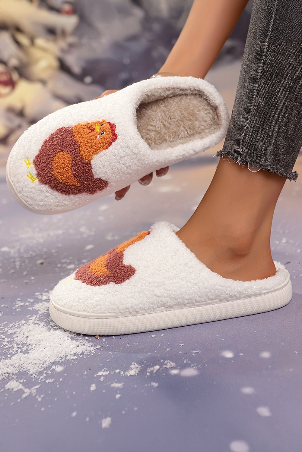 White Chicken Pattern Non-Slip Plush Warm Slippers