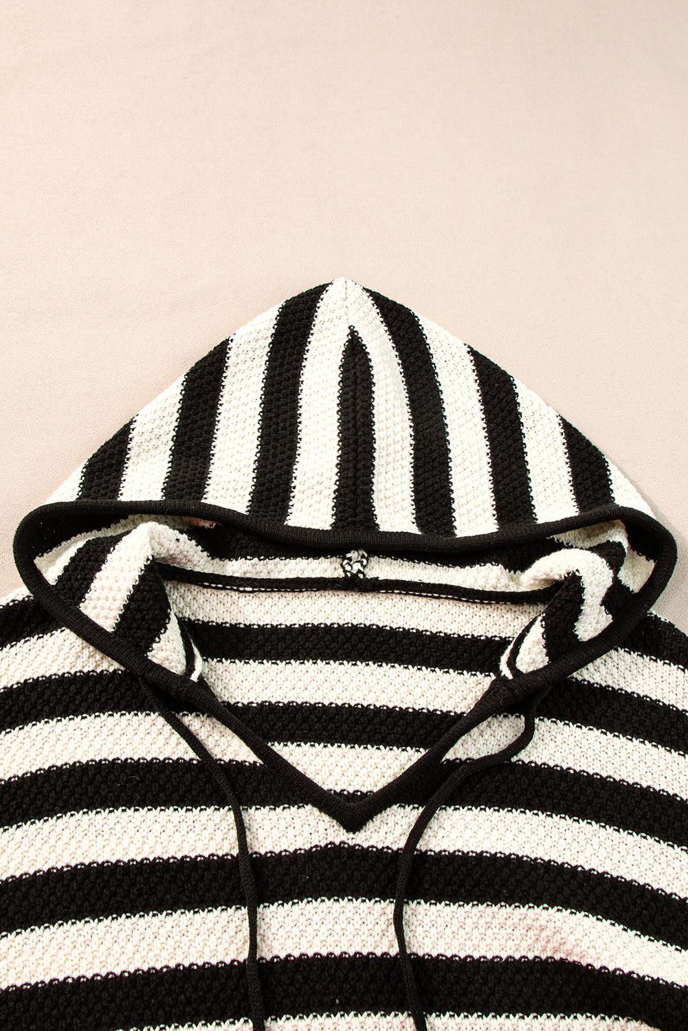 White Stripe V Neck Pocketed Drawstring Hooded Sweater