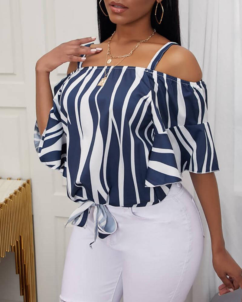 Zebra Stripe Print Cold Shoulder Bell Sleeve Top