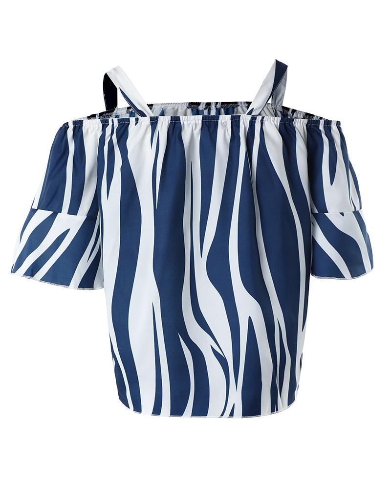 Zebra Stripe Print Cold Shoulder Bell Sleeve Top