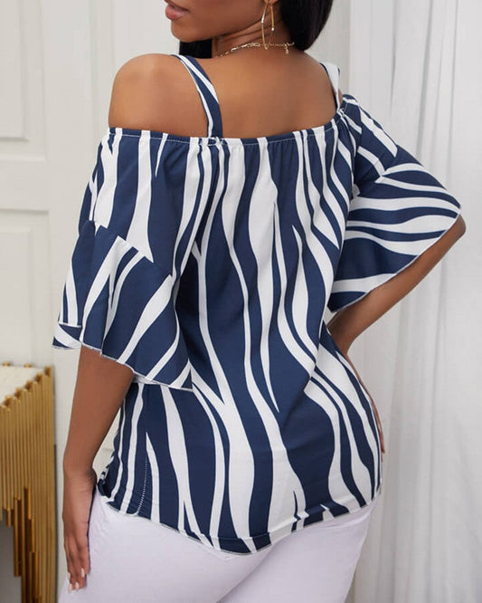 Zebra Stripe Print Cold Shoulder Bell Sleeve Top