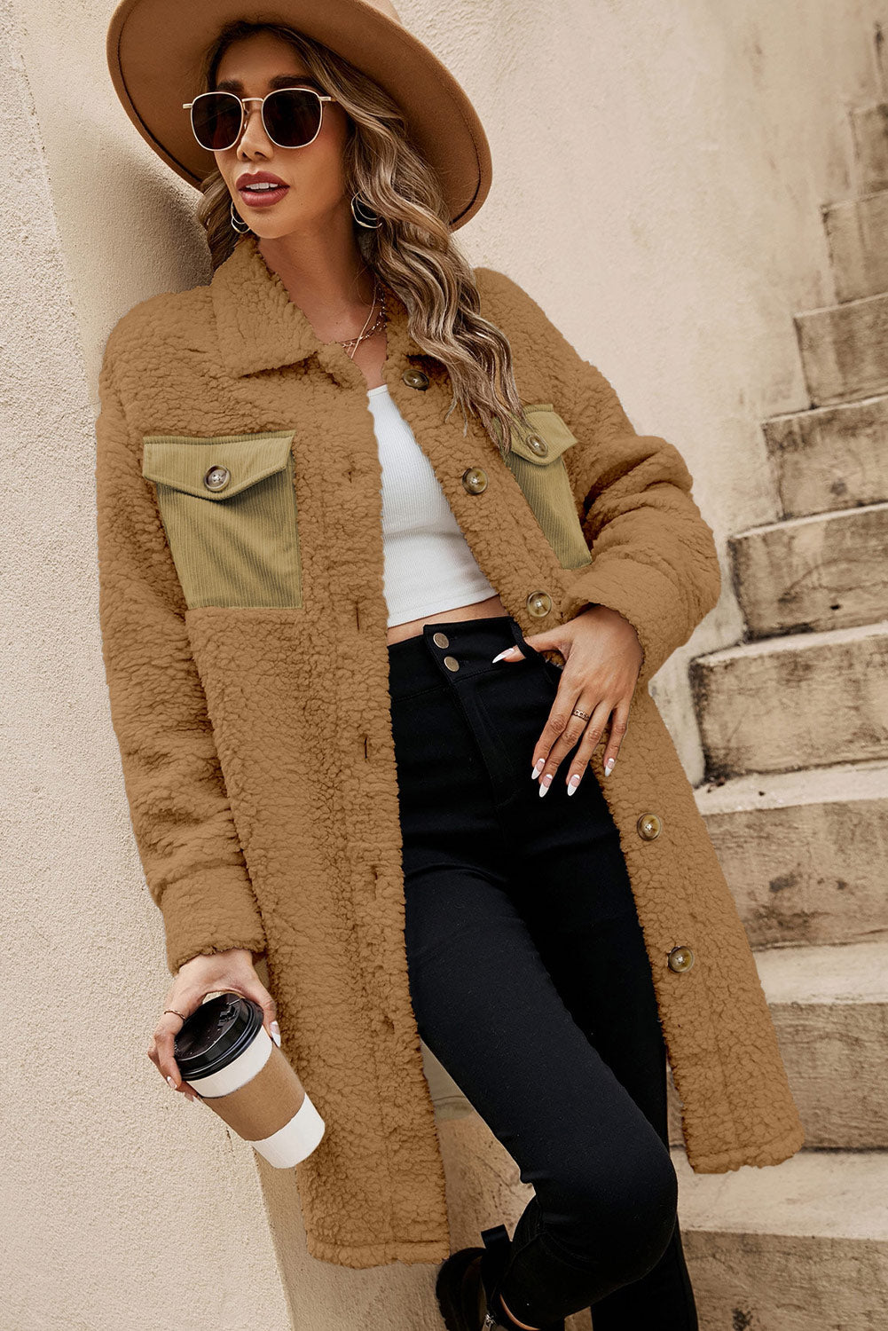 Khaki Contrast Flap Pocket Single Breasted Teddy Coat