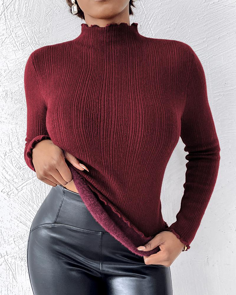 Fleece Lined Stand Collar Long Sleeves Frill Hem Sweater Thermal Fall and Winter Top