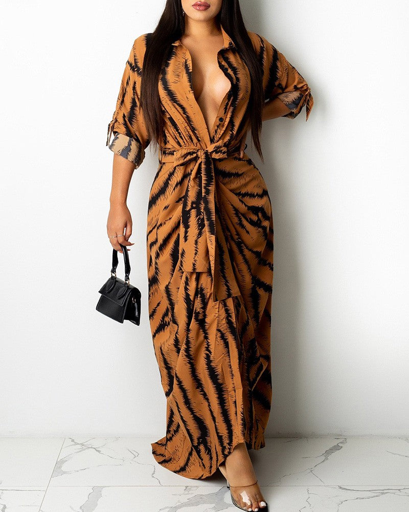 Abstract Print Buttoned Long Sleeve Maxi Dress