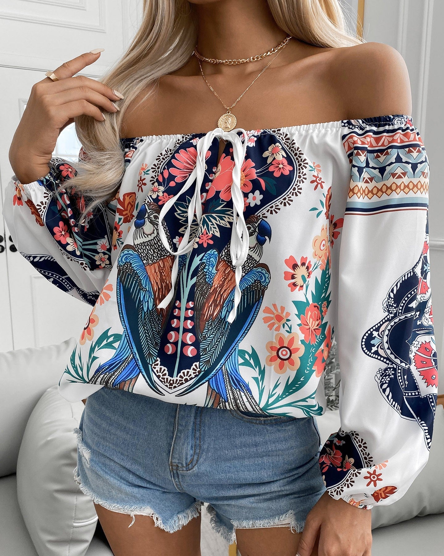 Floral Bird Print Off Shoulder Top