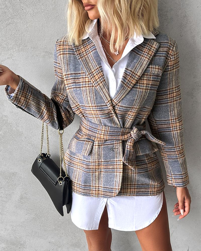 Plaid Pattern Tied Detail Buttoned Blazer Coat