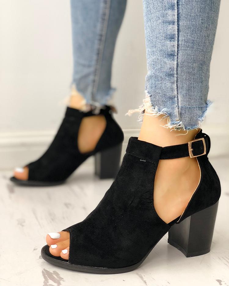 Side Cutout Open Toe Block Buckle Heels Sandals