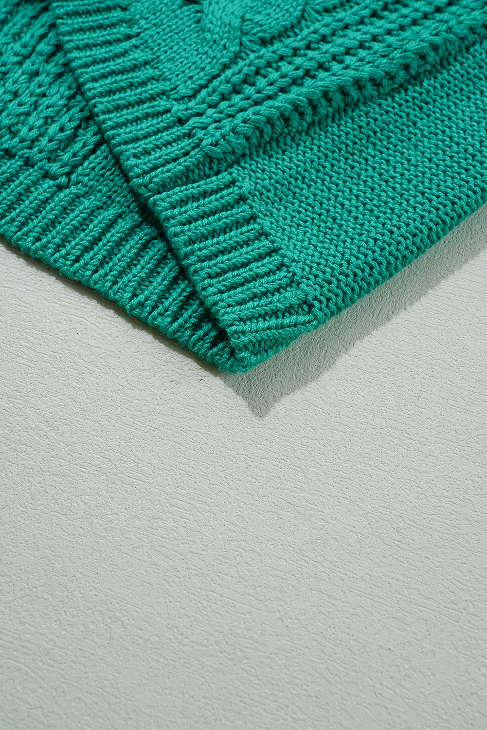 Sea Green Cable Knit V Neck Contrast Drawstring Hooded Sweater