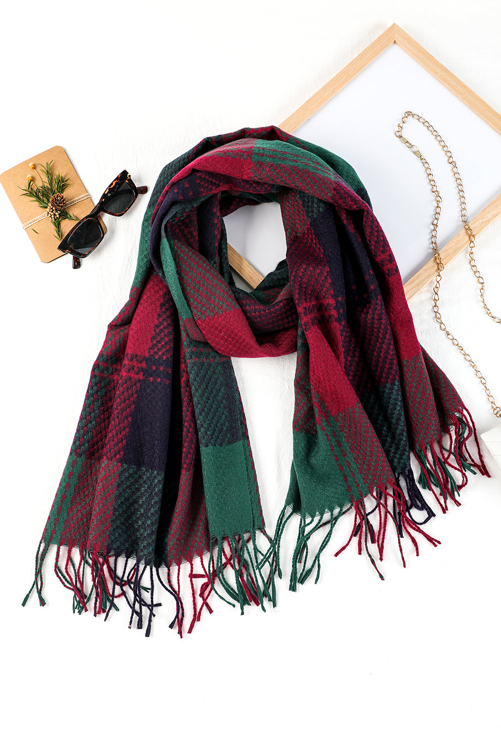 Racing Red Classic Christmas Plaid Fringed Scarf