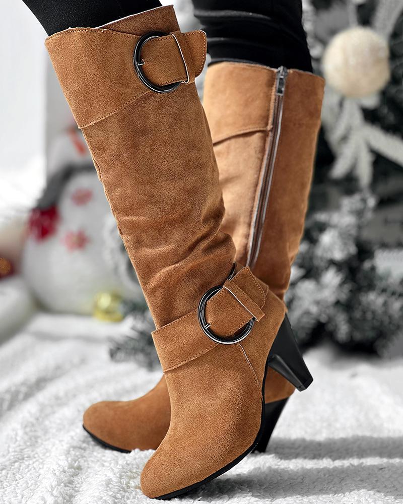 Buckled Chunky Heel Velvet Calf Boots