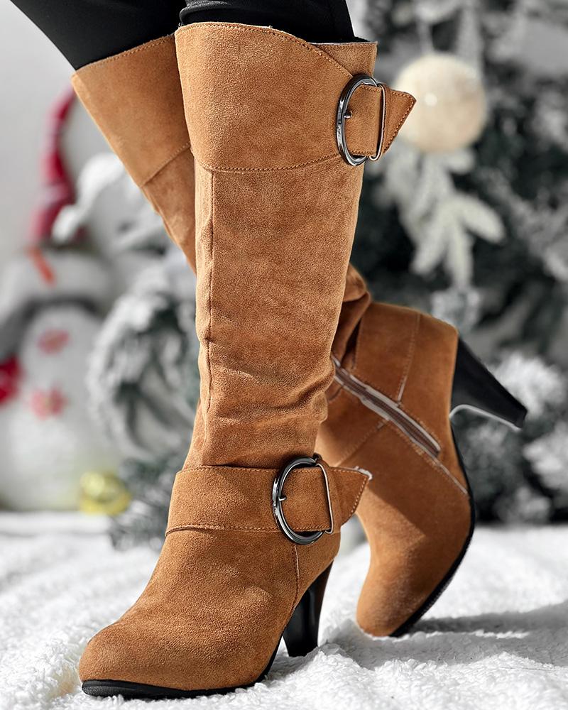 Buckled Chunky Heel Velvet Calf Boots