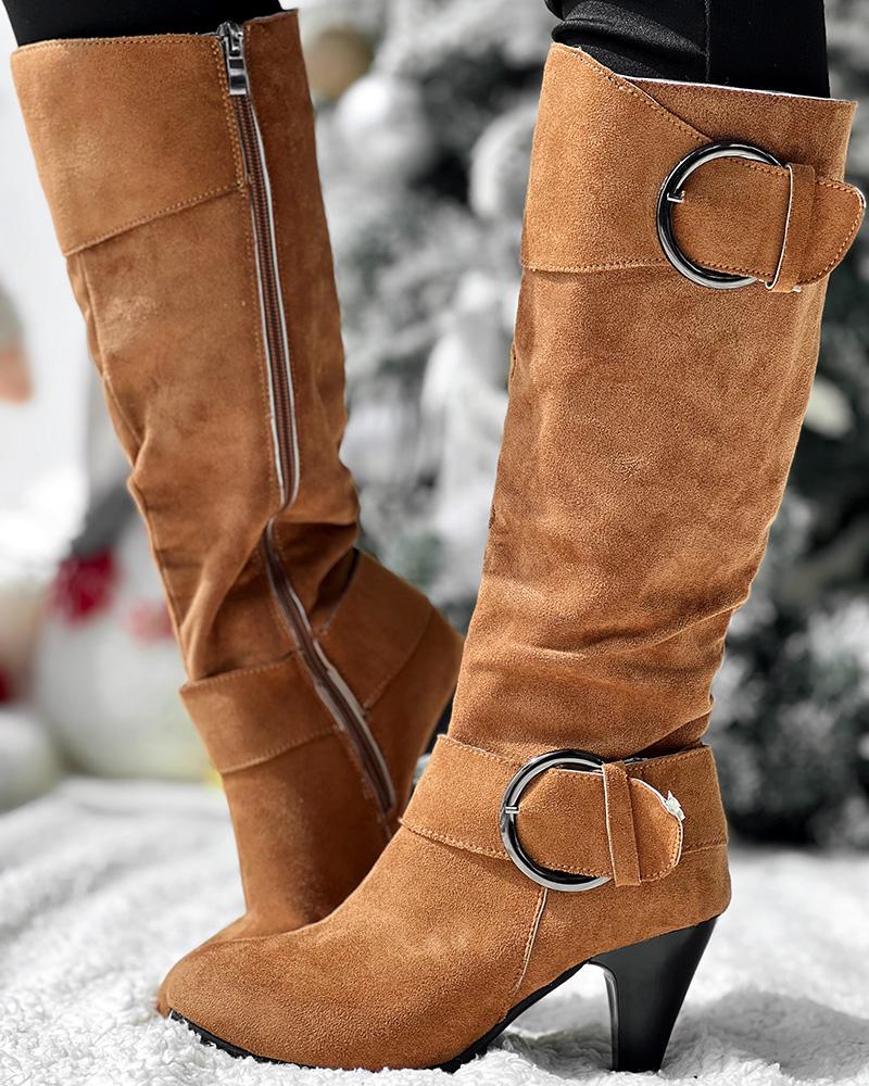 Buckled Chunky Heel Velvet Calf Boots