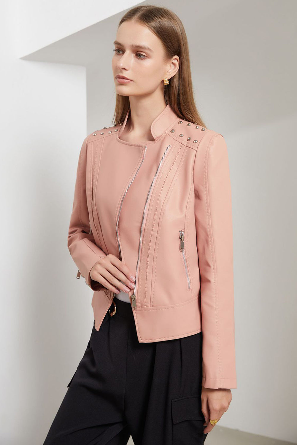 Gossamer Pink Faux Leather Studded Shoulder Asymmetric Zip Jacket