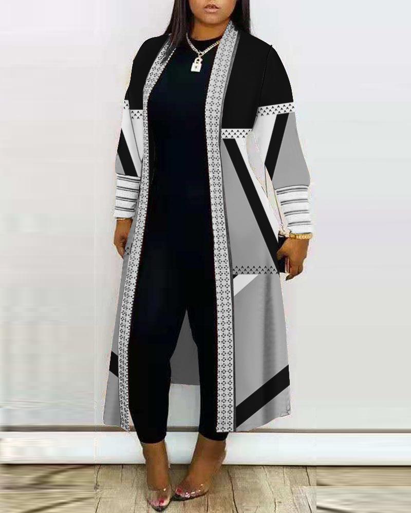 Plus Size Geometric Print Open Front Longline Coat