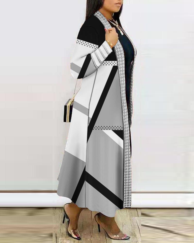 Plus Size Geometric Print Open Front Longline Coat