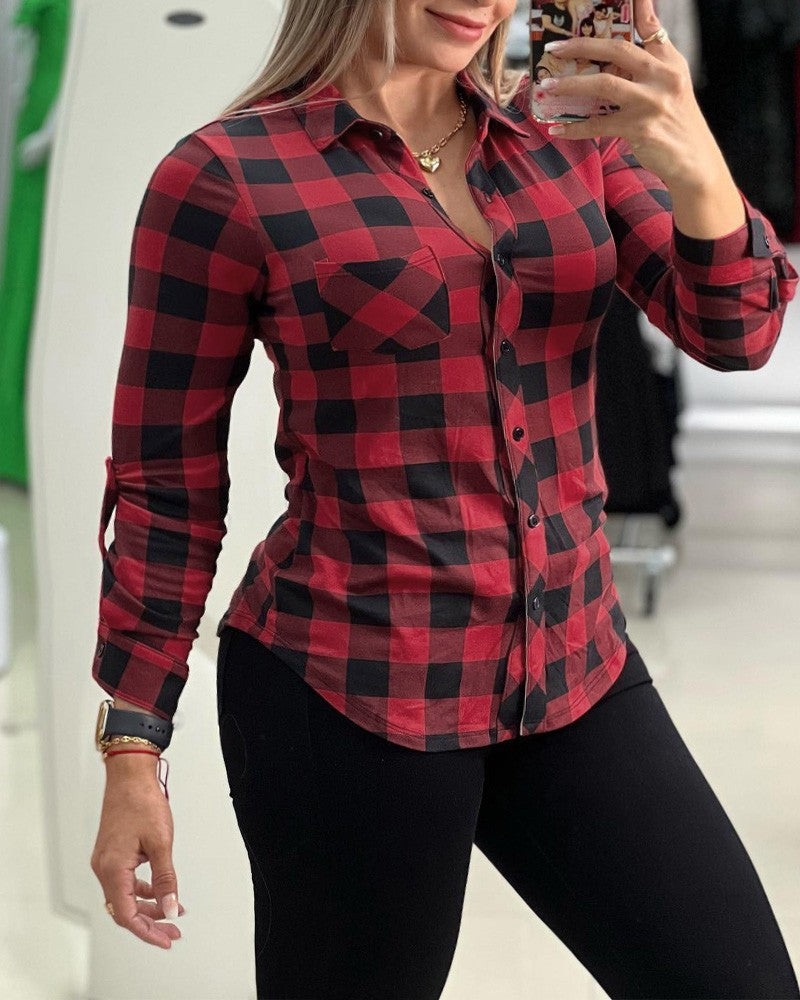 Plus Size Plaid Print Turn down Collar Top