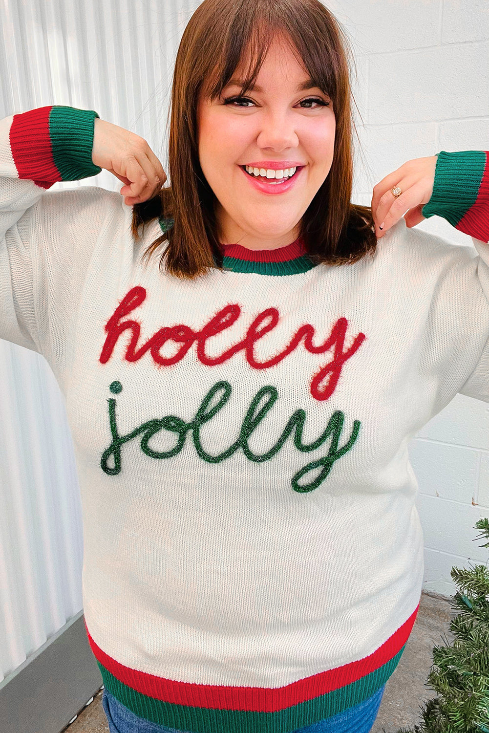 White Tinsel holly jolly Pattern Colorblock Edge Drop Shoulder Plus Size Sweater