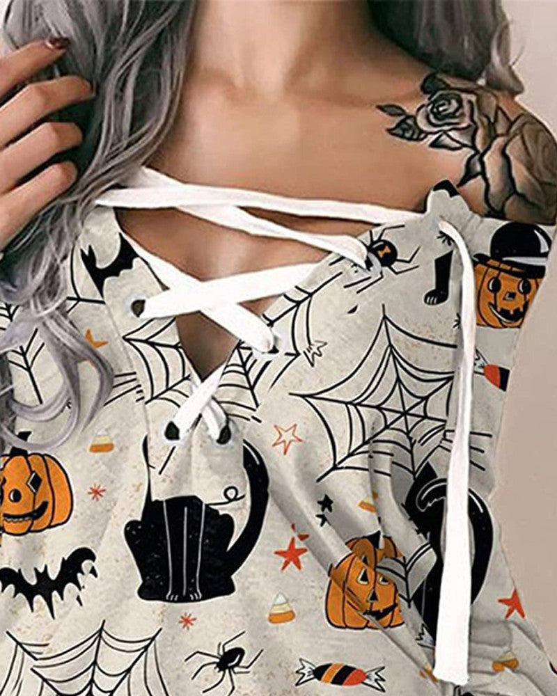 Halloween Graphic Pumpkin Print Eyelet Lace up Sweatshirt Dress