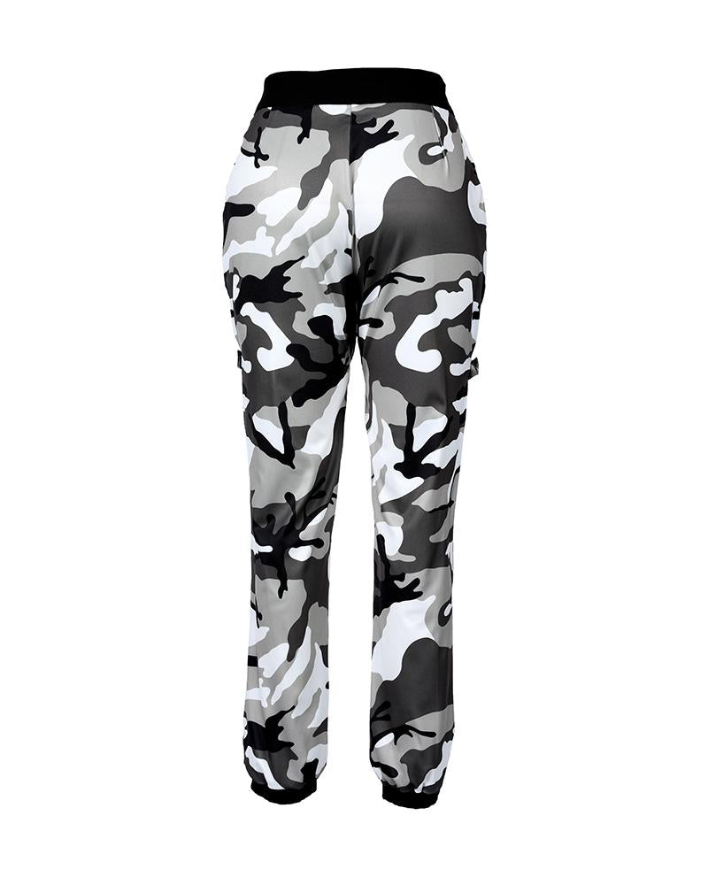 Buttoned Camouflage Print Buckle Cargo Pants