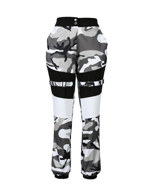 Buttoned Camouflage Print Buckle Cargo Pants