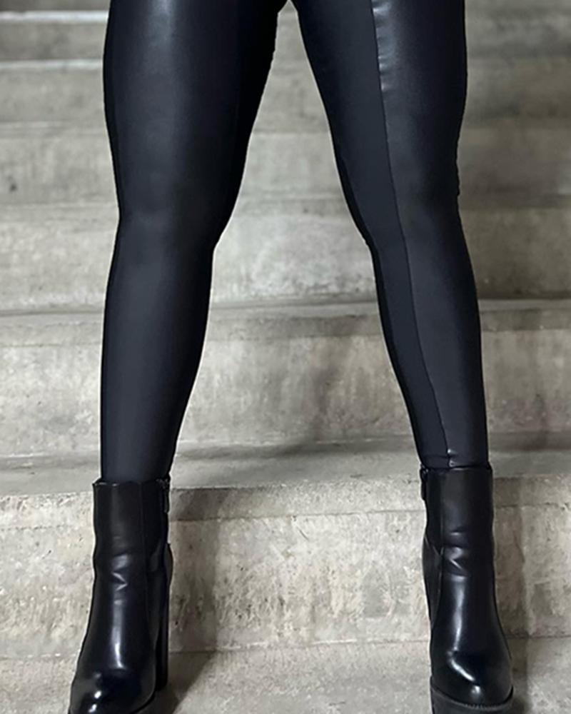 PU Leather Patch Zipper Design Skinny Pants