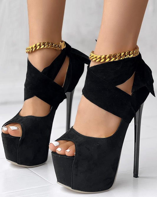 Tied Detail Peep Toe Platform Stiletto Heel Pumps